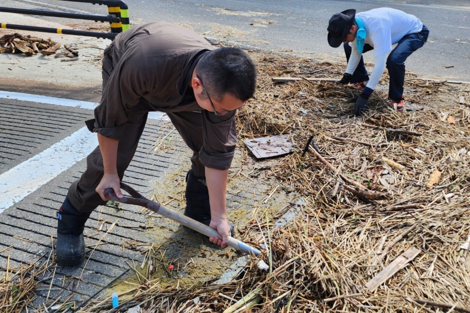 道路の流木や漂着物を撤去する様子
